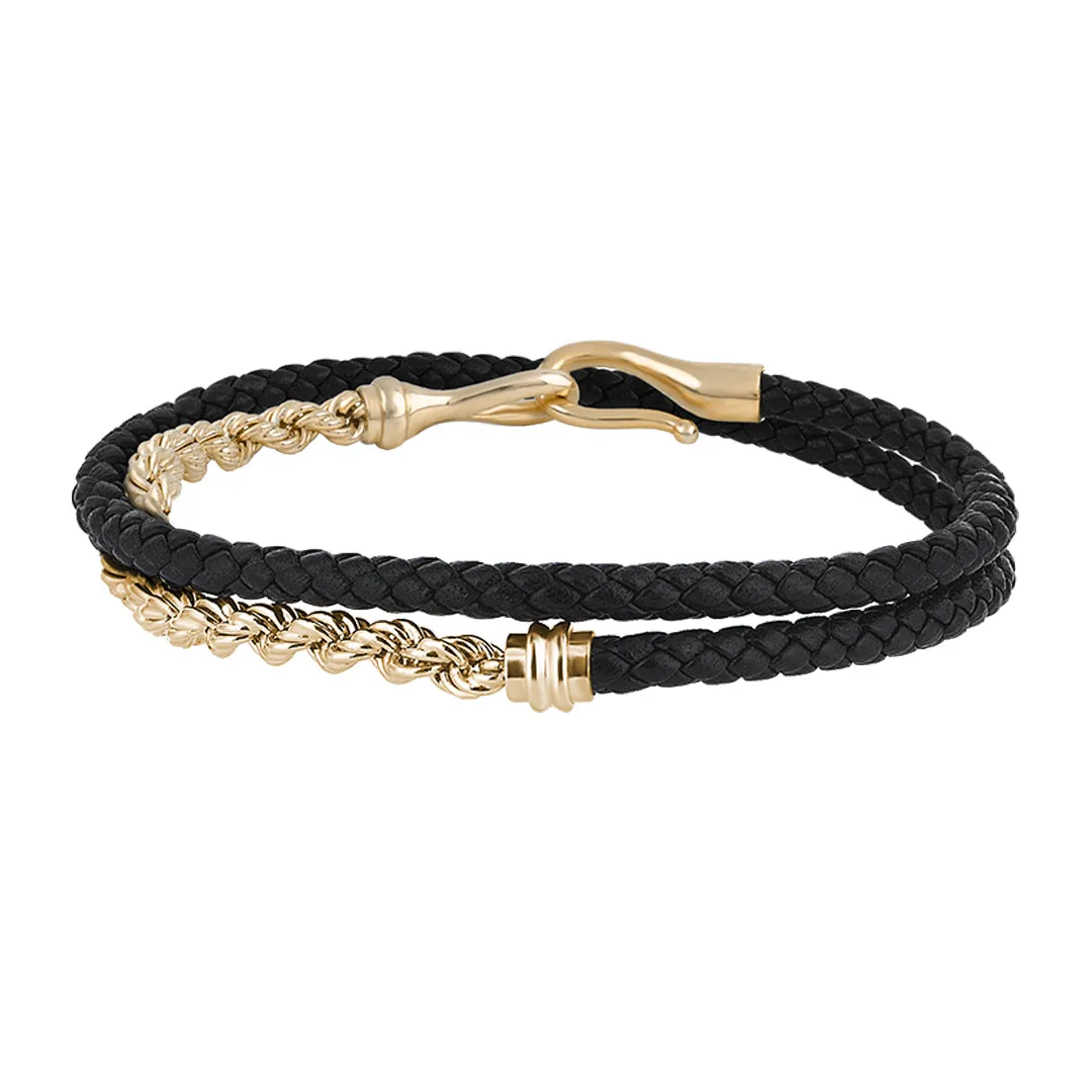 Fish Hook Leather & Rope Chain Wrap Bracelet in Gold