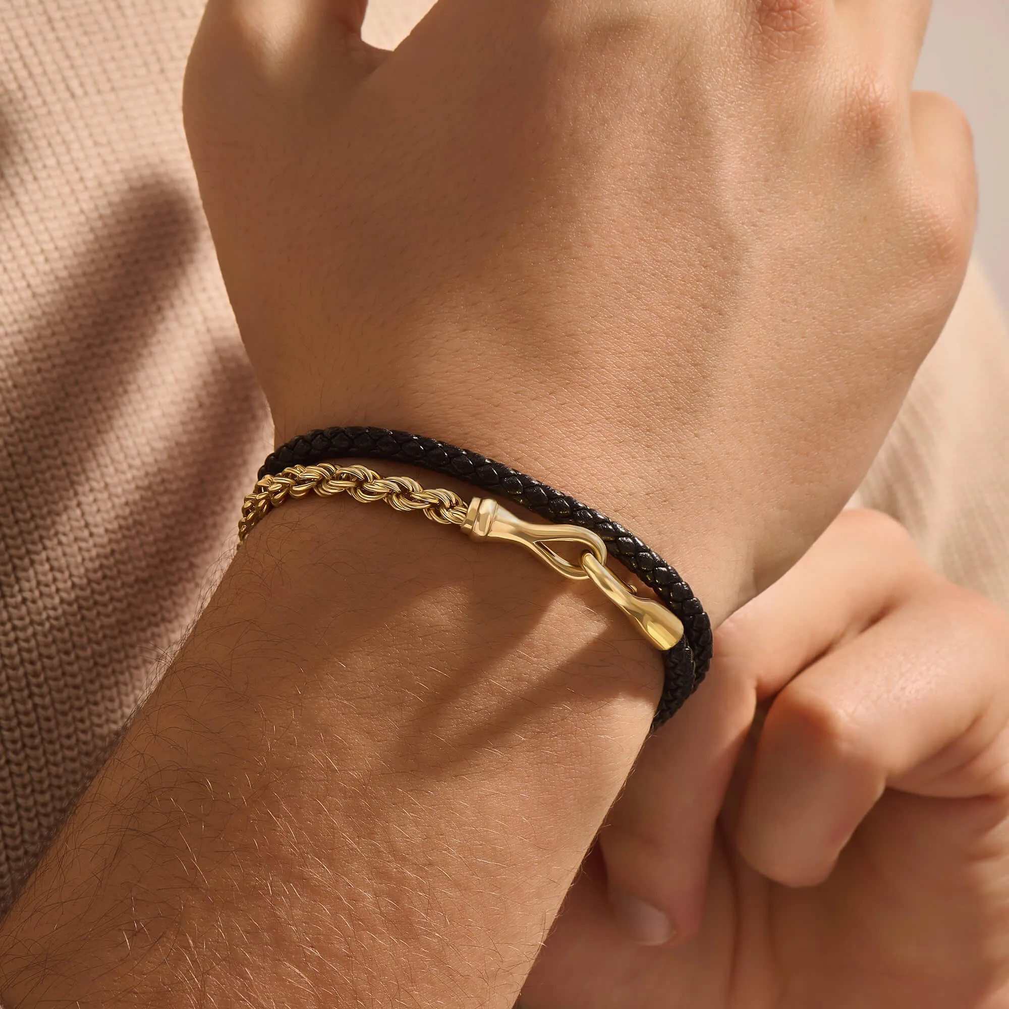 Fish Hook Leather & Rope Chain Wrap Bracelet in Gold