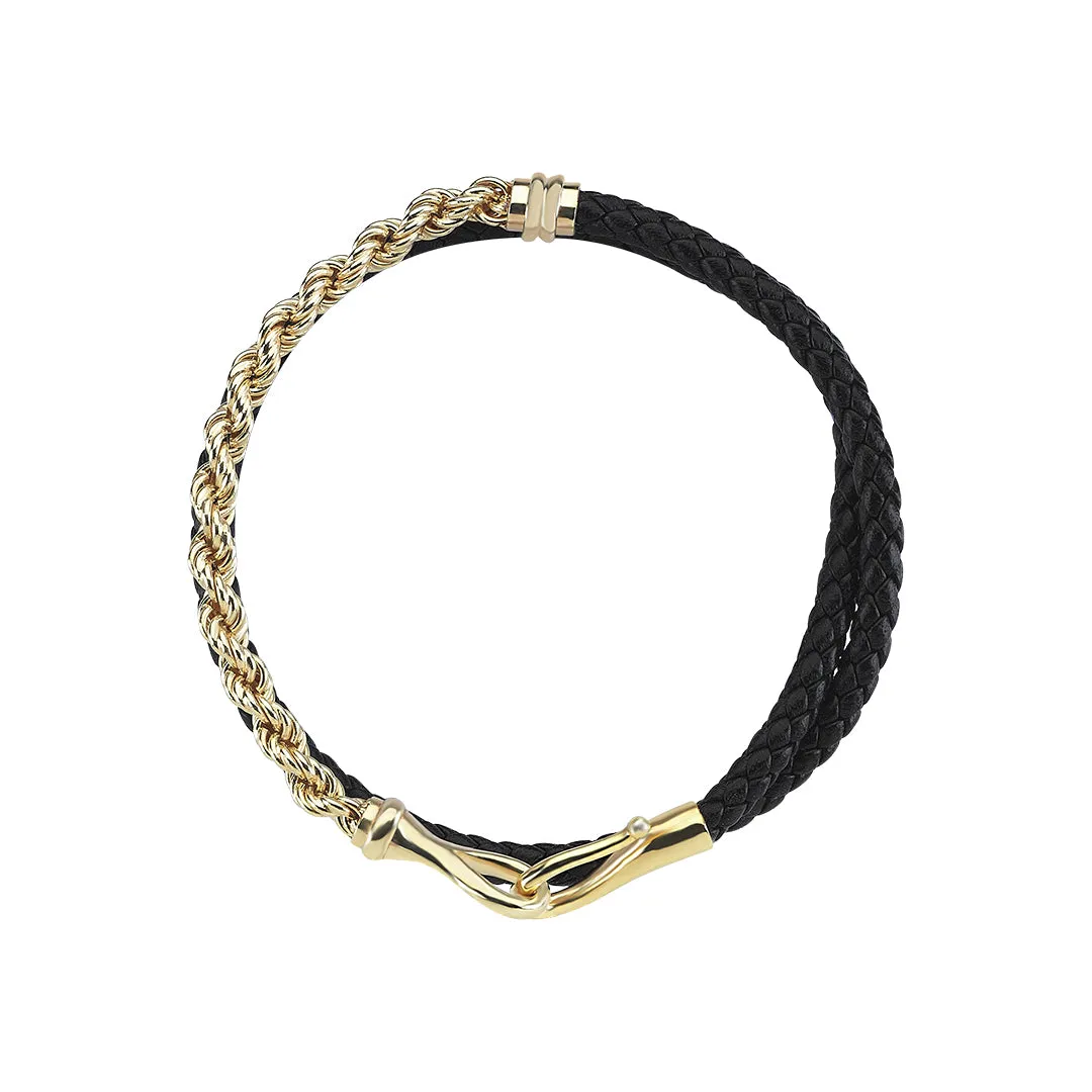 Fish Hook Leather & Rope Chain Wrap Bracelet in Gold