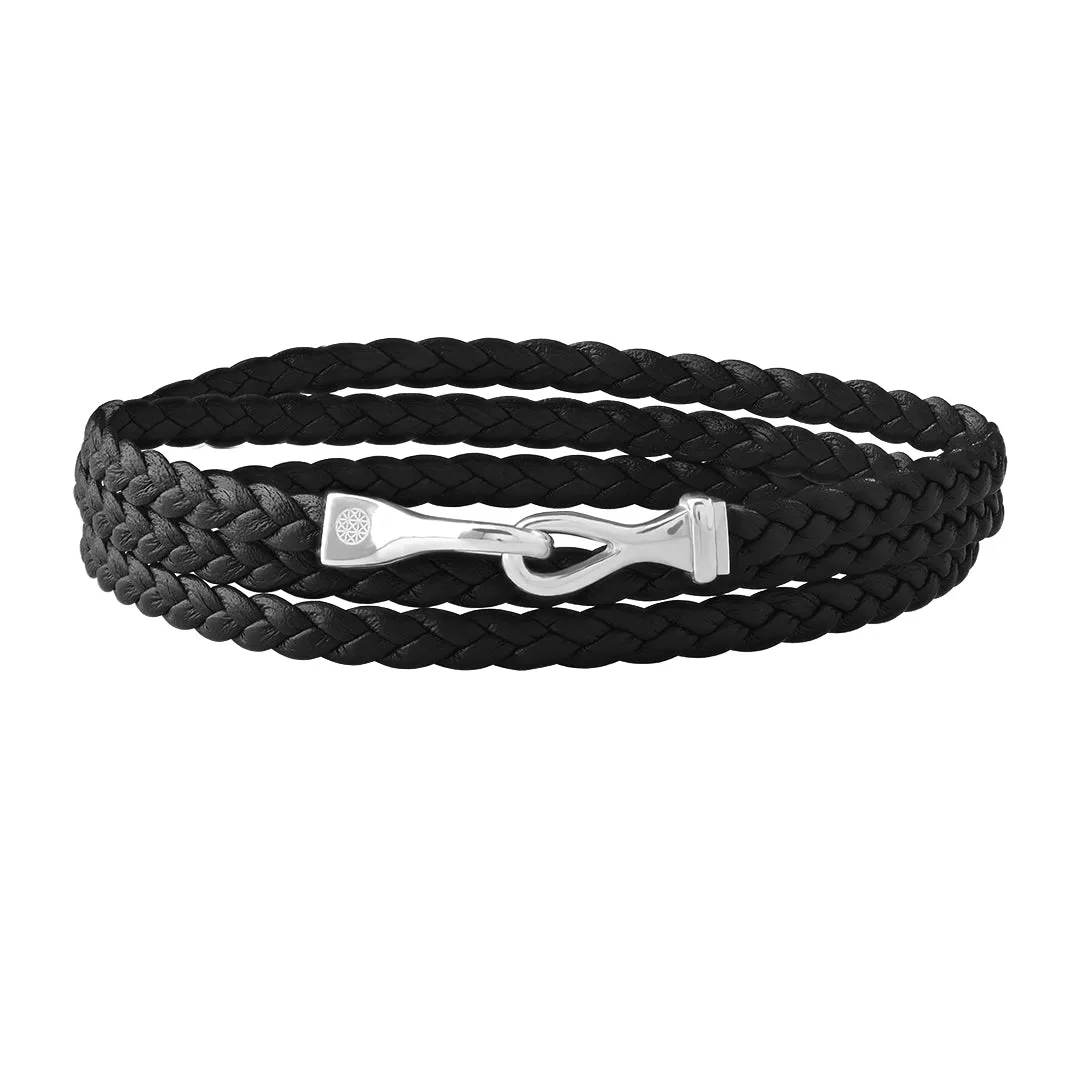 Fish Hook Wrap Flat Leather Bracelet in Silver