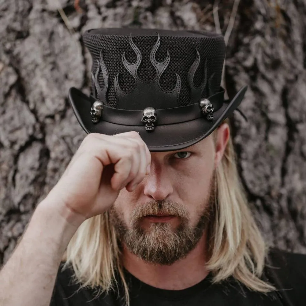 Flames | Mens Biker Leather Top Hat with Skull Hat Band
