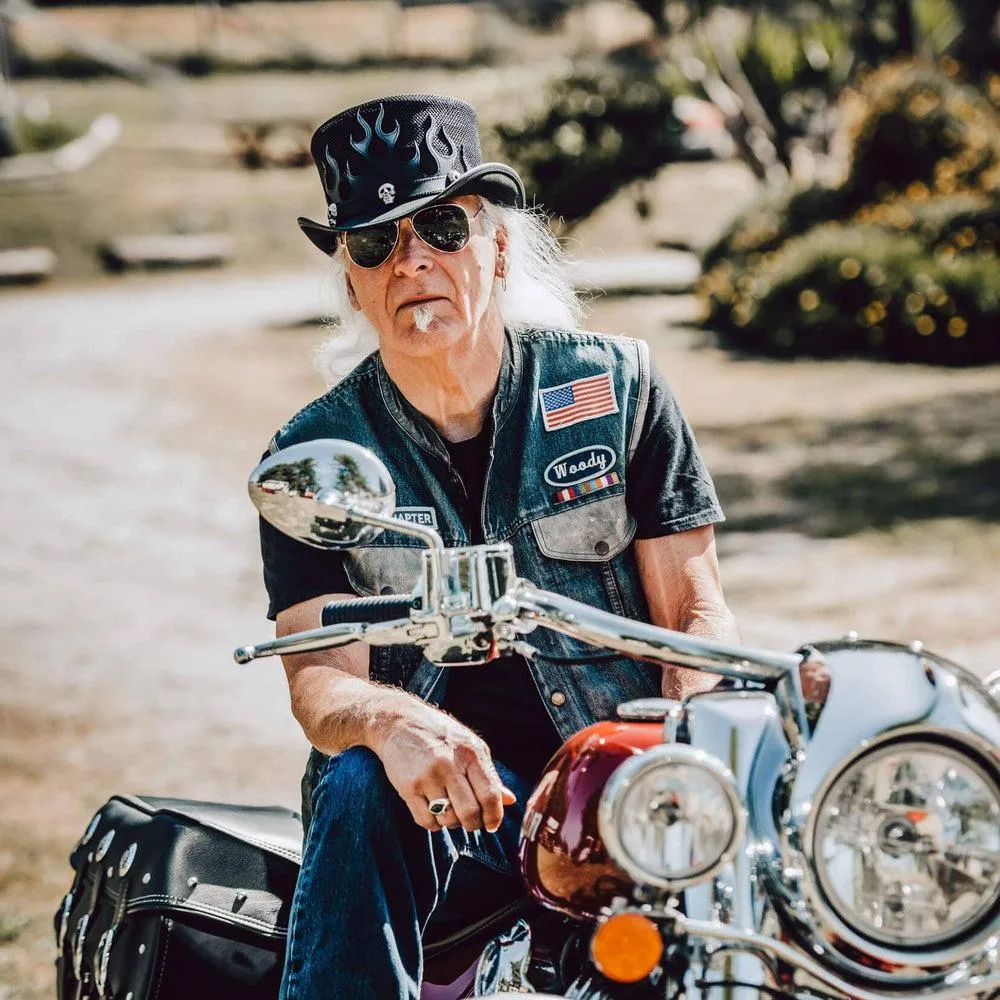 Flames | Mens Biker Leather Top Hat with Skull Hat Band
