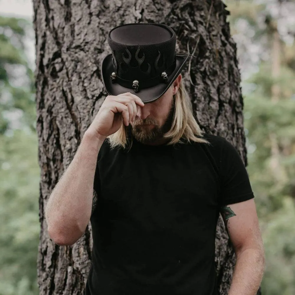 Flames | Mens Biker Leather Top Hat with Skull Hat Band