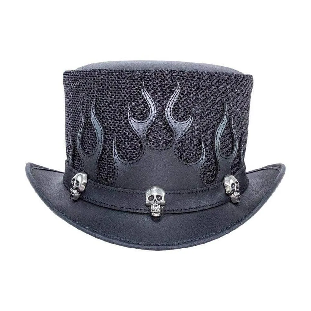 Flames | Mens Biker Leather Top Hat with Skull Hat Band