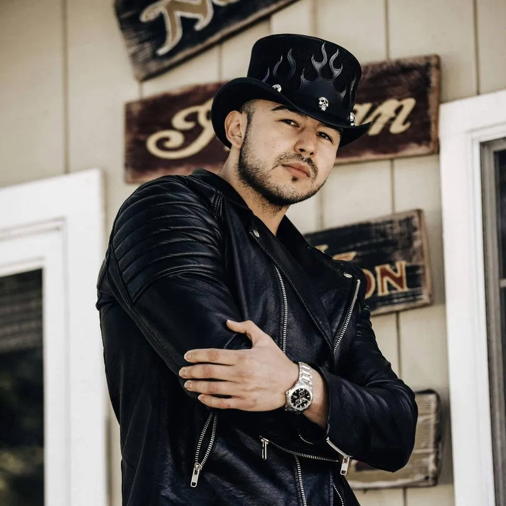 Flames | Mens Biker Leather Top Hat with Skull Hat Band