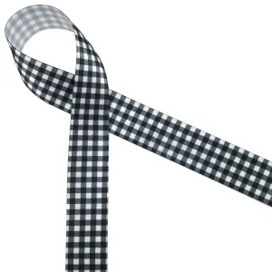 Gingham Check Ribbon in black on 7/8" white single face satin