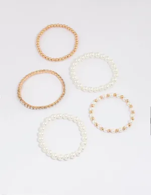 Gold Mixed Diamante Pearl Stretch Bracelet Pack