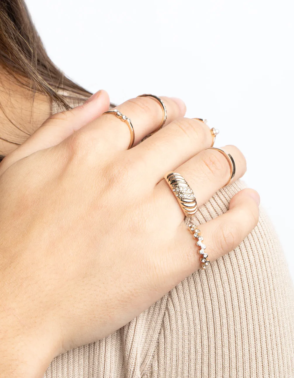 Gold Pearl Diamante Ring Stack Pack
