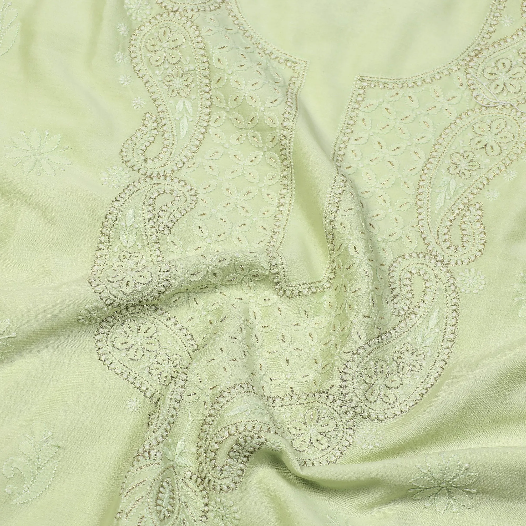 Green - 2pc Lucknow Chikankari Mukaish Hand Embroidery Chanderi Silk Suit Material Set