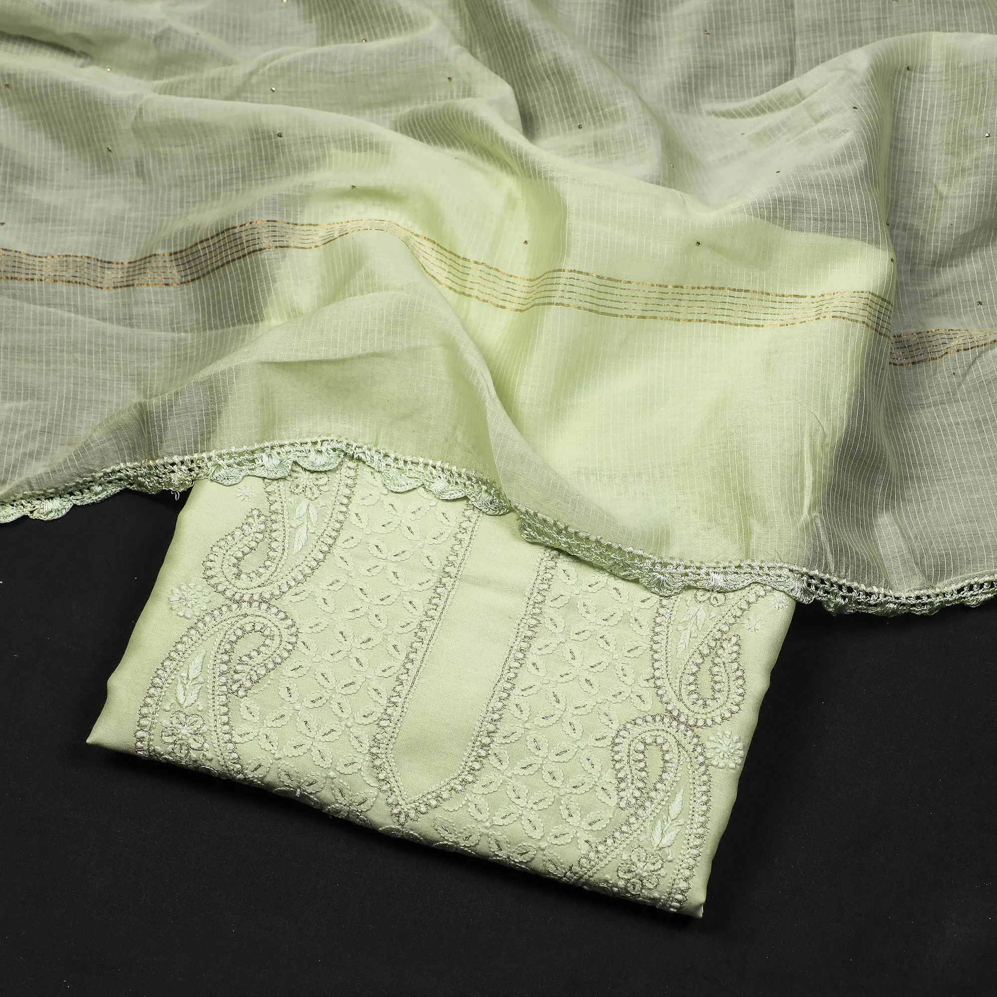Green - 2pc Lucknow Chikankari Mukaish Hand Embroidery Chanderi Silk Suit Material Set