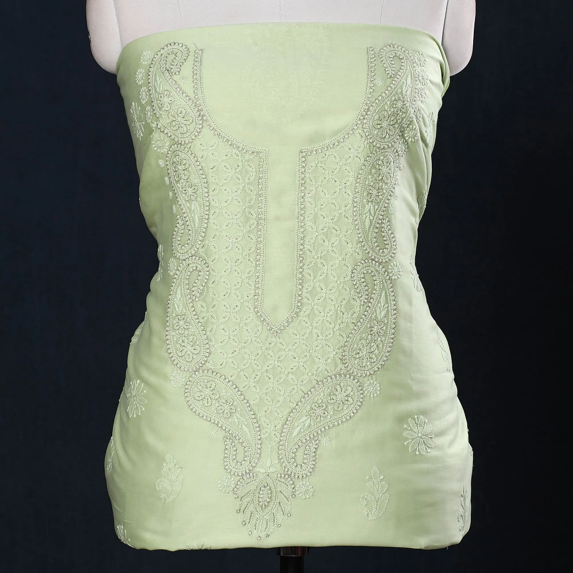 Green - 2pc Lucknow Chikankari Mukaish Hand Embroidery Chanderi Silk Suit Material Set