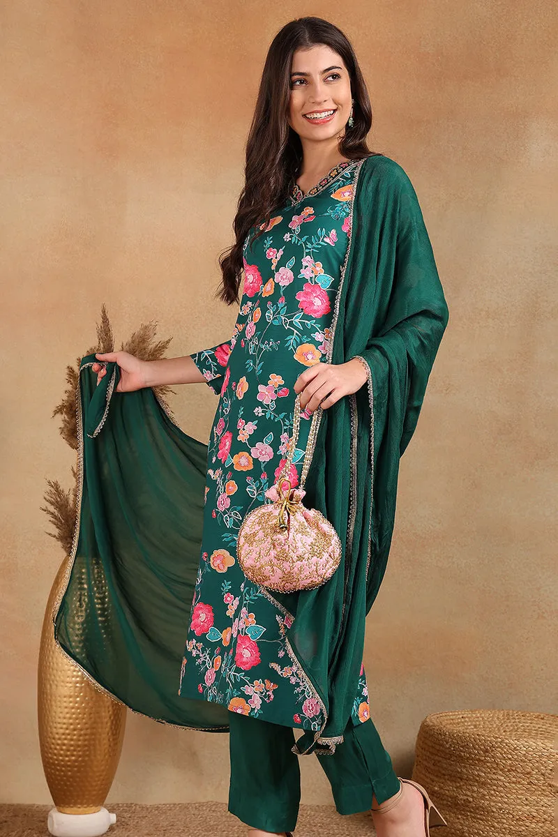 Green Polyester Floral Printed Straight Trouser Suit Set