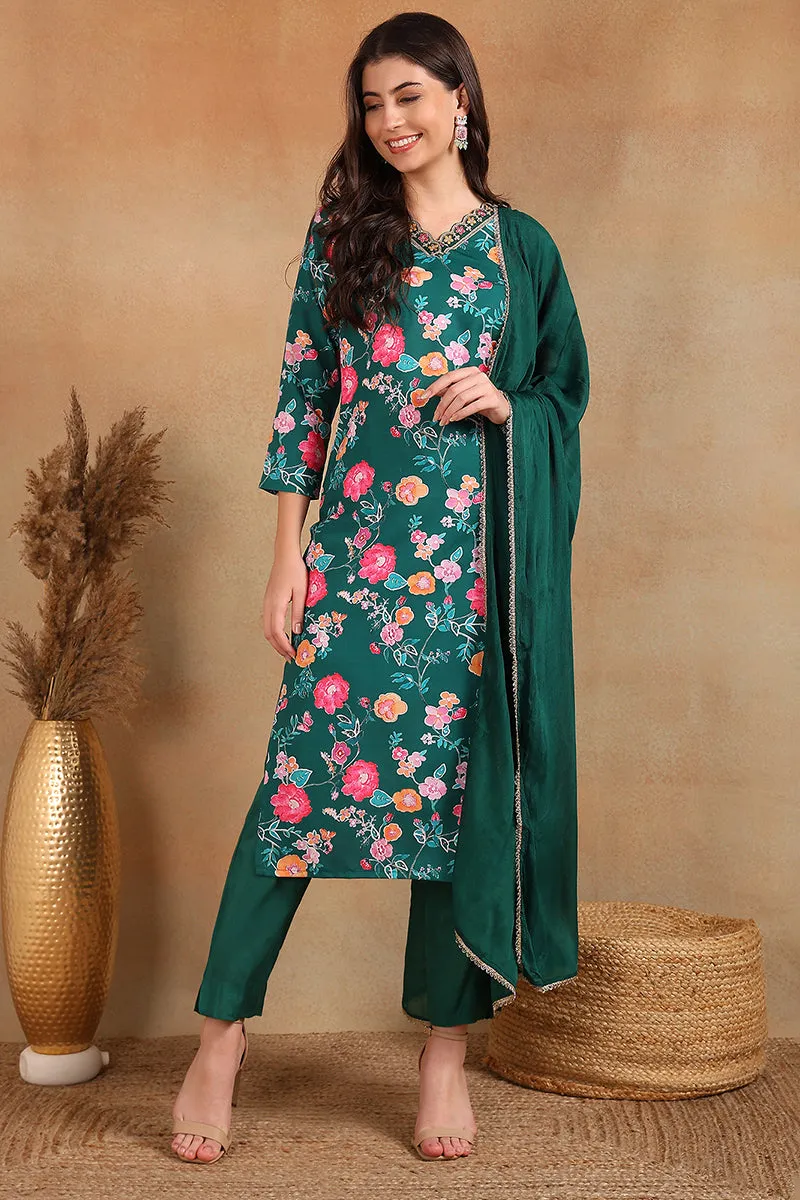 Green Polyester Floral Printed Straight Trouser Suit Set