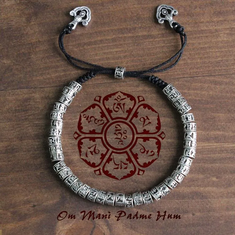 Hand-Carved Silver Om Mani Padme Hum Rope Bracelet