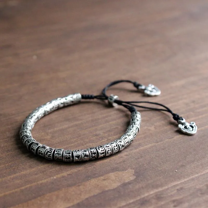 Hand-Carved Silver Om Mani Padme Hum Rope Bracelet