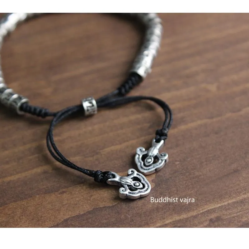 Hand-Carved Silver Om Mani Padme Hum Rope Bracelet