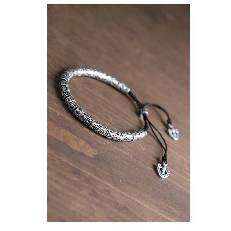Hand-Carved Silver Om Mani Padme Hum Rope Bracelet