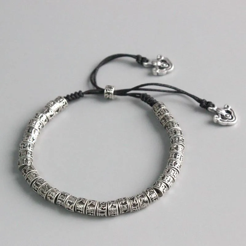 Hand-Carved Silver Om Mani Padme Hum Rope Bracelet