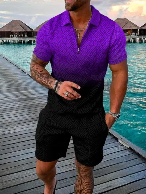 Men's Short Sleeve Zip Lapel Shirt Set