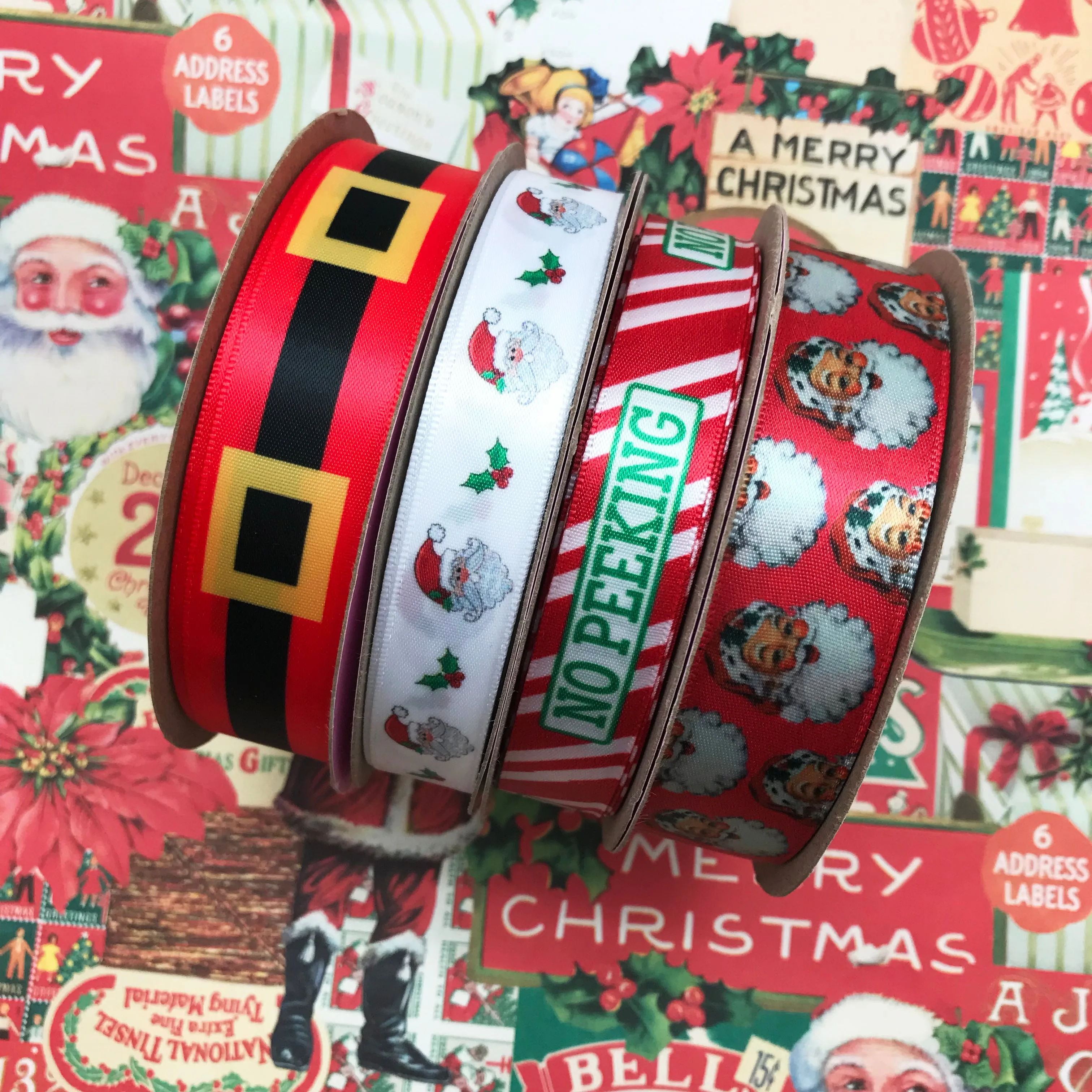No Peeking! Christmas Ribbon in green with red and white stripes printed on 5/8" White SFS