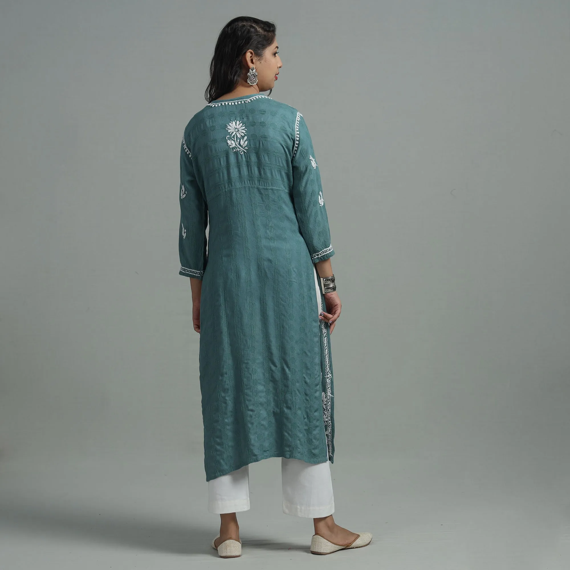 Pine Green Chikankari Hand Embroidered Cotton Long Kurta