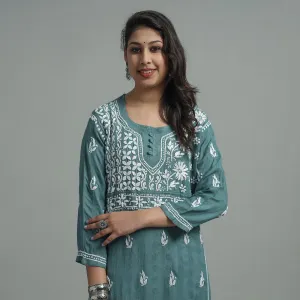 Pine Green Chikankari Hand Embroidered Cotton Long Kurta