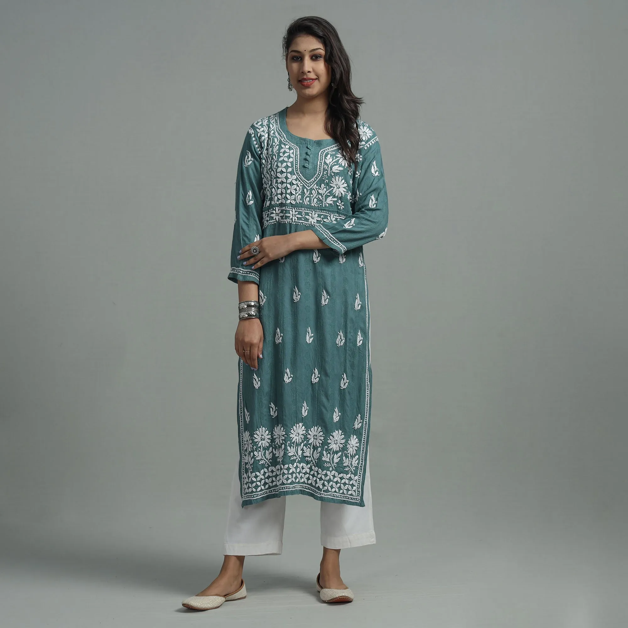 Pine Green Chikankari Hand Embroidered Cotton Long Kurta