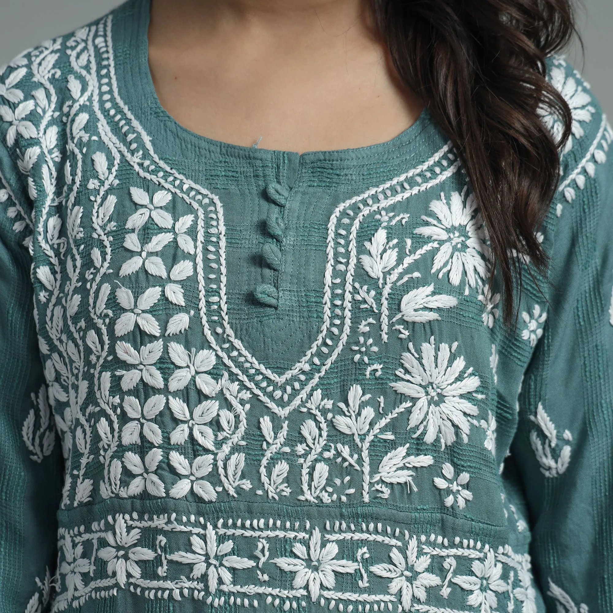 Pine Green Chikankari Hand Embroidered Cotton Long Kurta