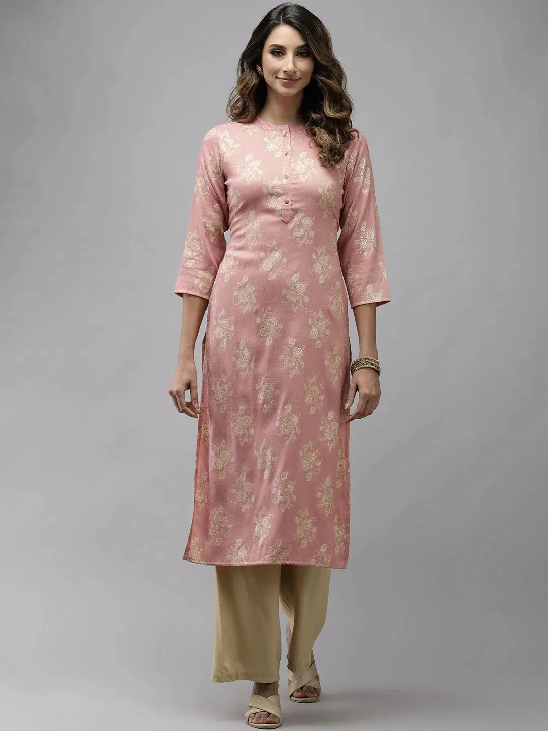 Pink Floral Foil Printed Kurta