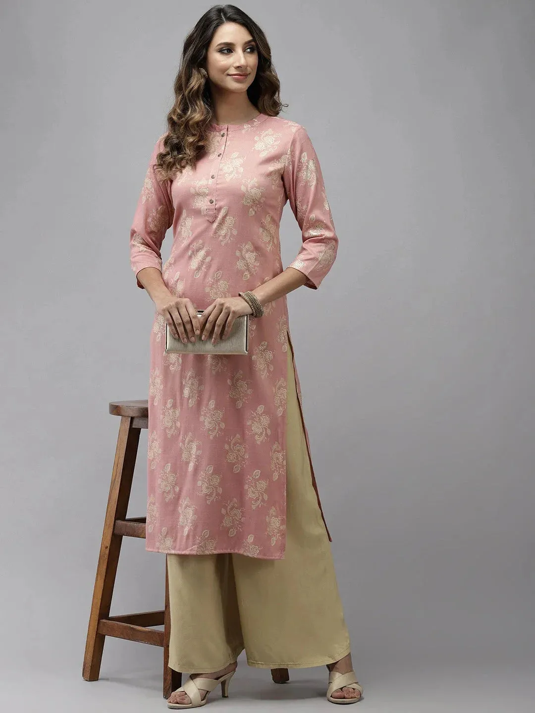 Pink Floral Foil Printed Kurta