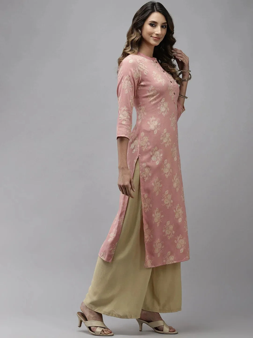 Pink Floral Foil Printed Kurta