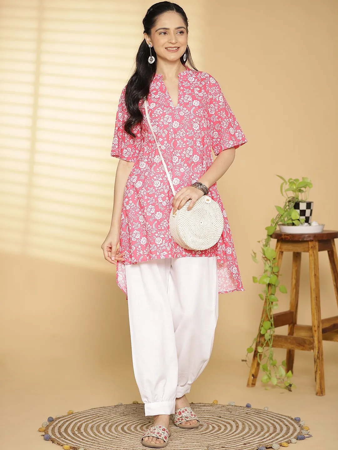 Pink Jaal Printed HighLowKurti