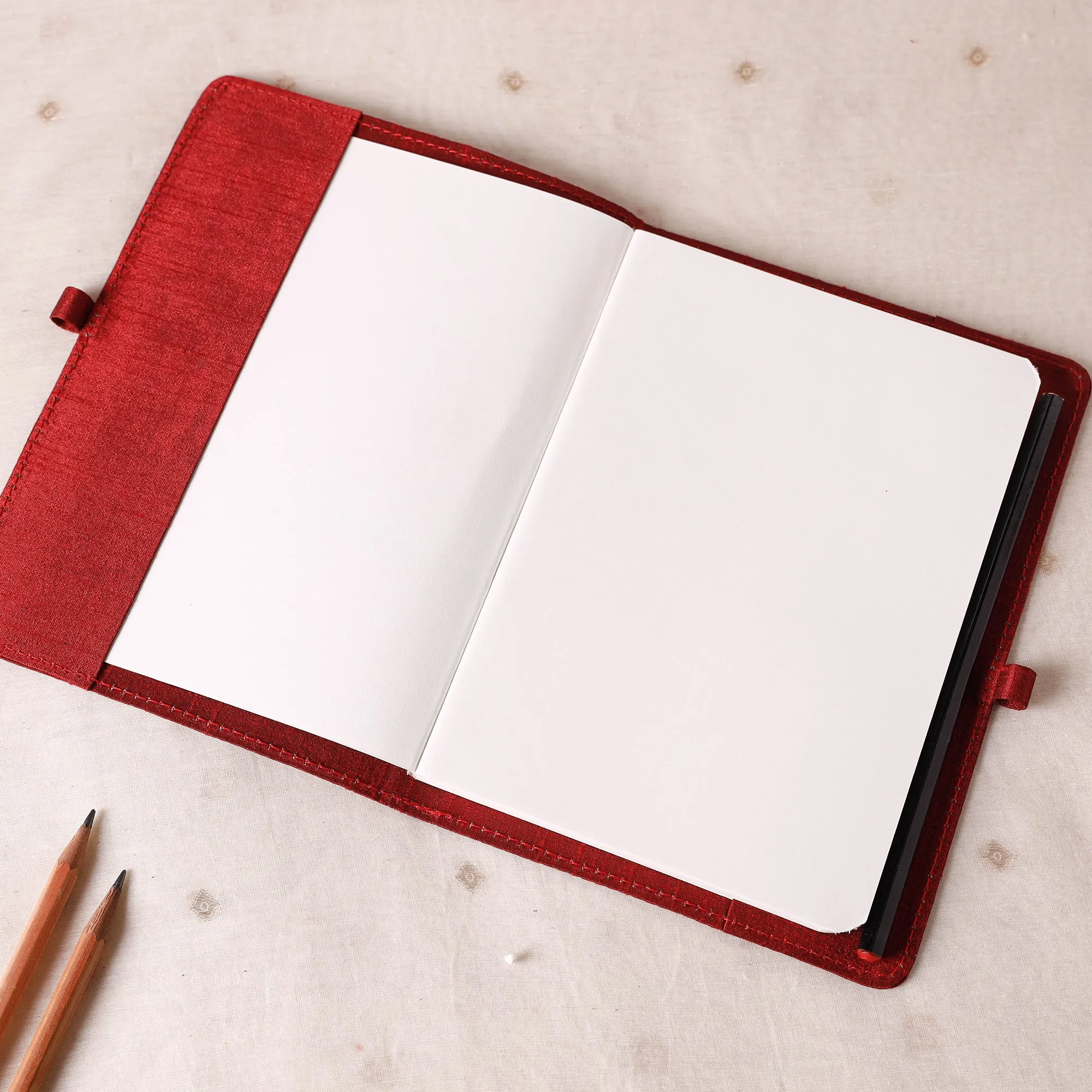 Red - Lucknow Chikankari Hand Embroidery Silk Cover Notebook with Pencil (8 x 5.5 in)