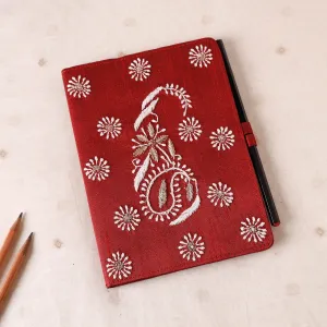 Red - Lucknow Chikankari Hand Embroidery Silk Cover Notebook with Pencil (8 x 5.5 in)