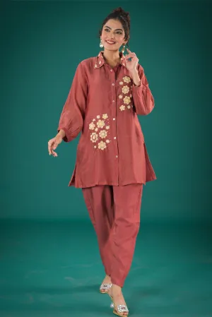 Rust Red Embroidered Tissue Organza Silk Co-Ord Set
