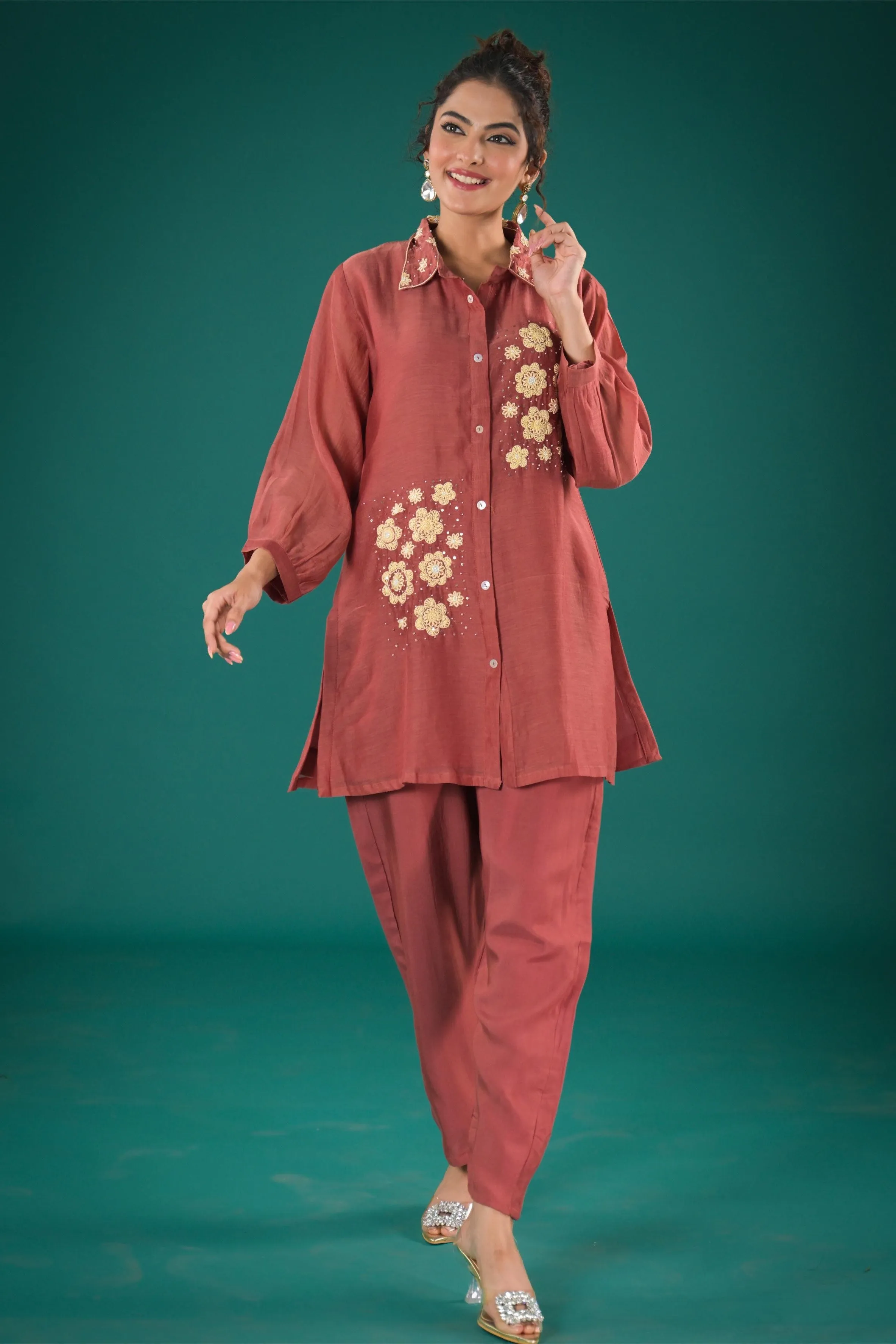 Rust Red Embroidered Tissue Organza Silk Co-Ord Set