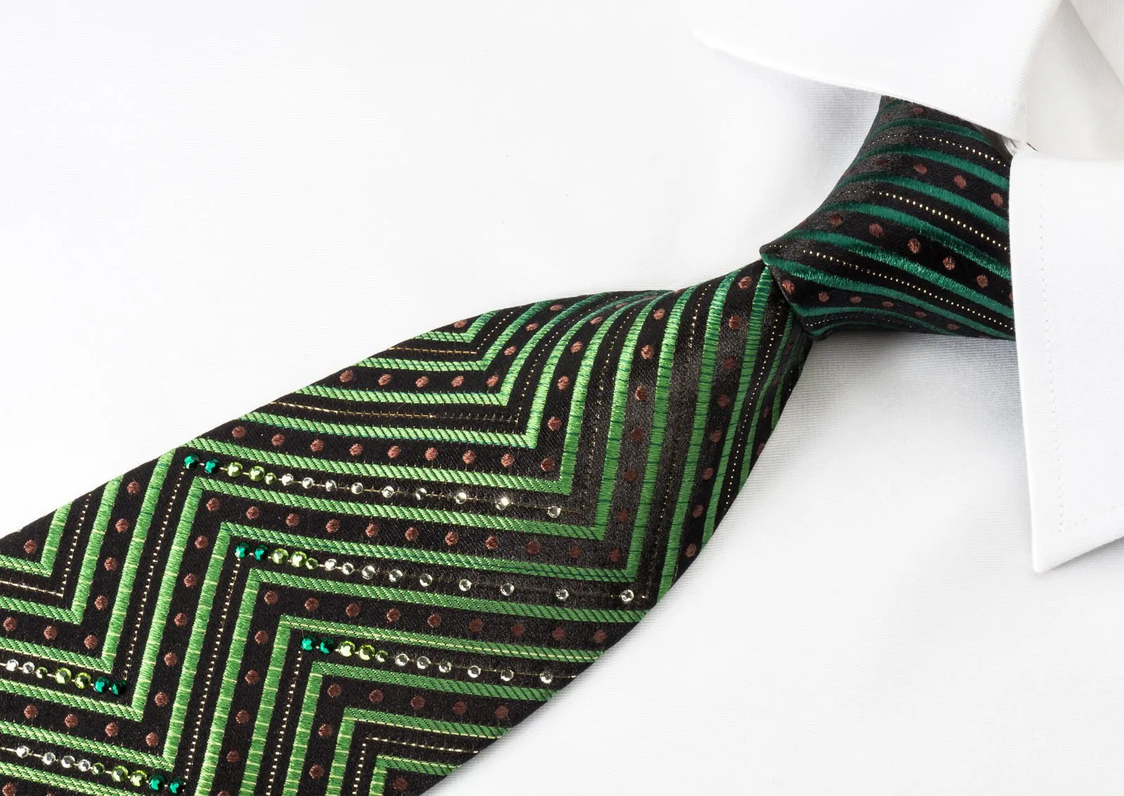Silk Rhinestone Necktie Green Chevron Zigzags On Black With Silver Sparkles