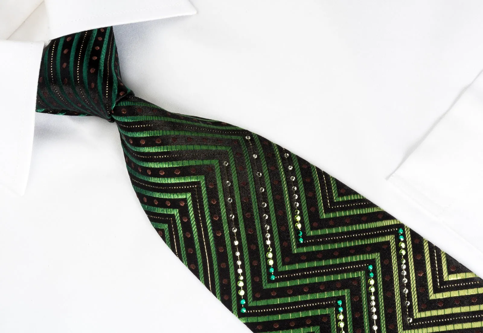 Silk Rhinestone Necktie Green Chevron Zigzags On Black With Silver Sparkles