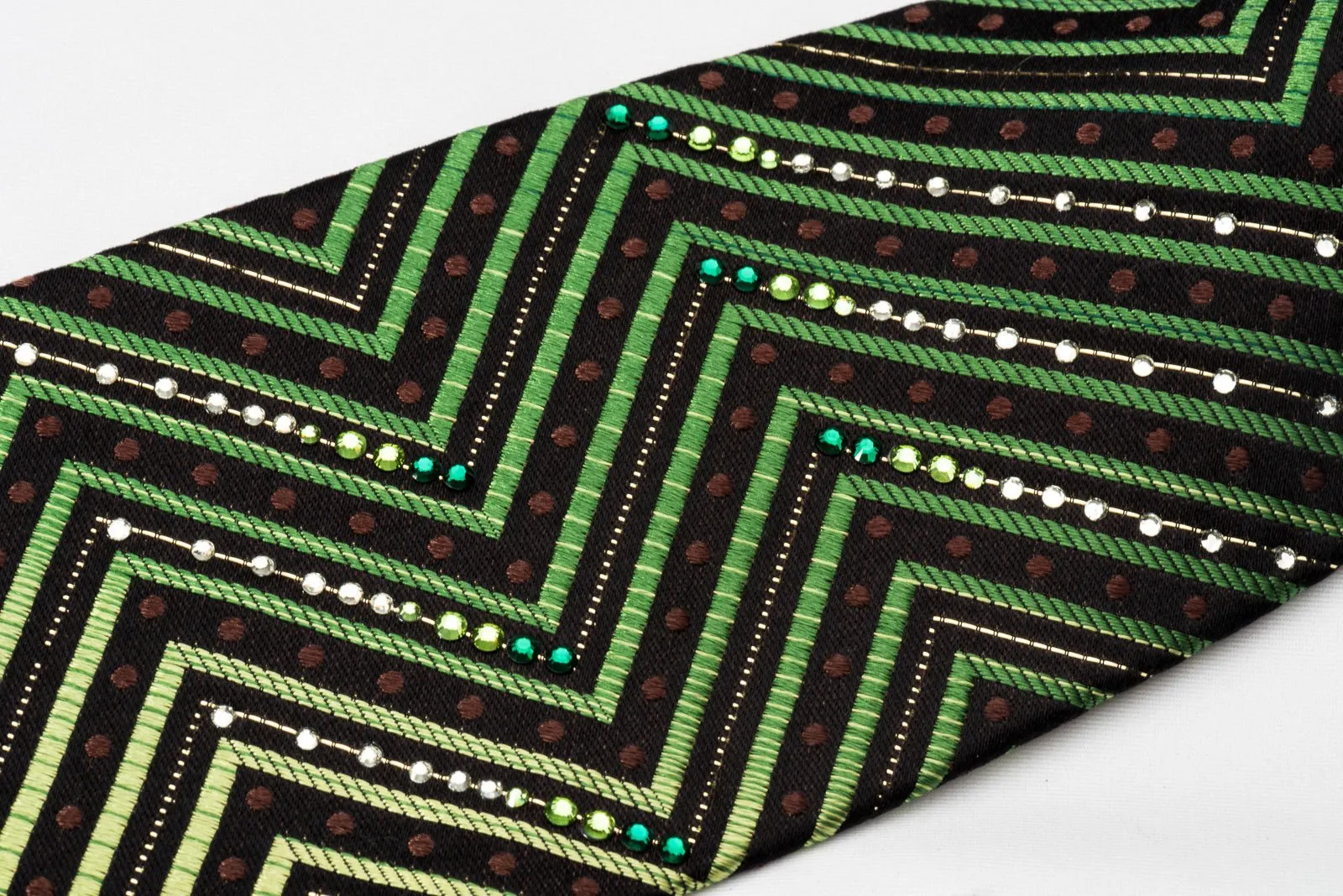 Silk Rhinestone Necktie Green Chevron Zigzags On Black With Silver Sparkles