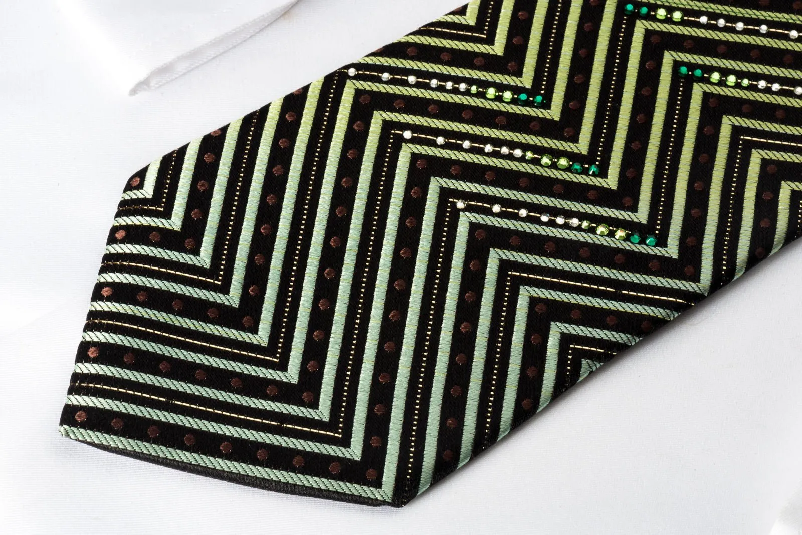 Silk Rhinestone Necktie Green Chevron Zigzags On Black With Silver Sparkles