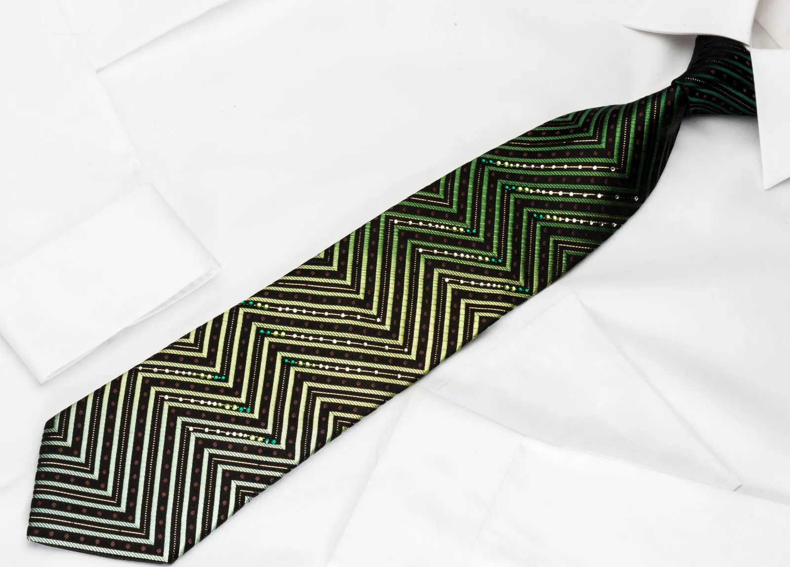 Silk Rhinestone Necktie Green Chevron Zigzags On Black With Silver Sparkles