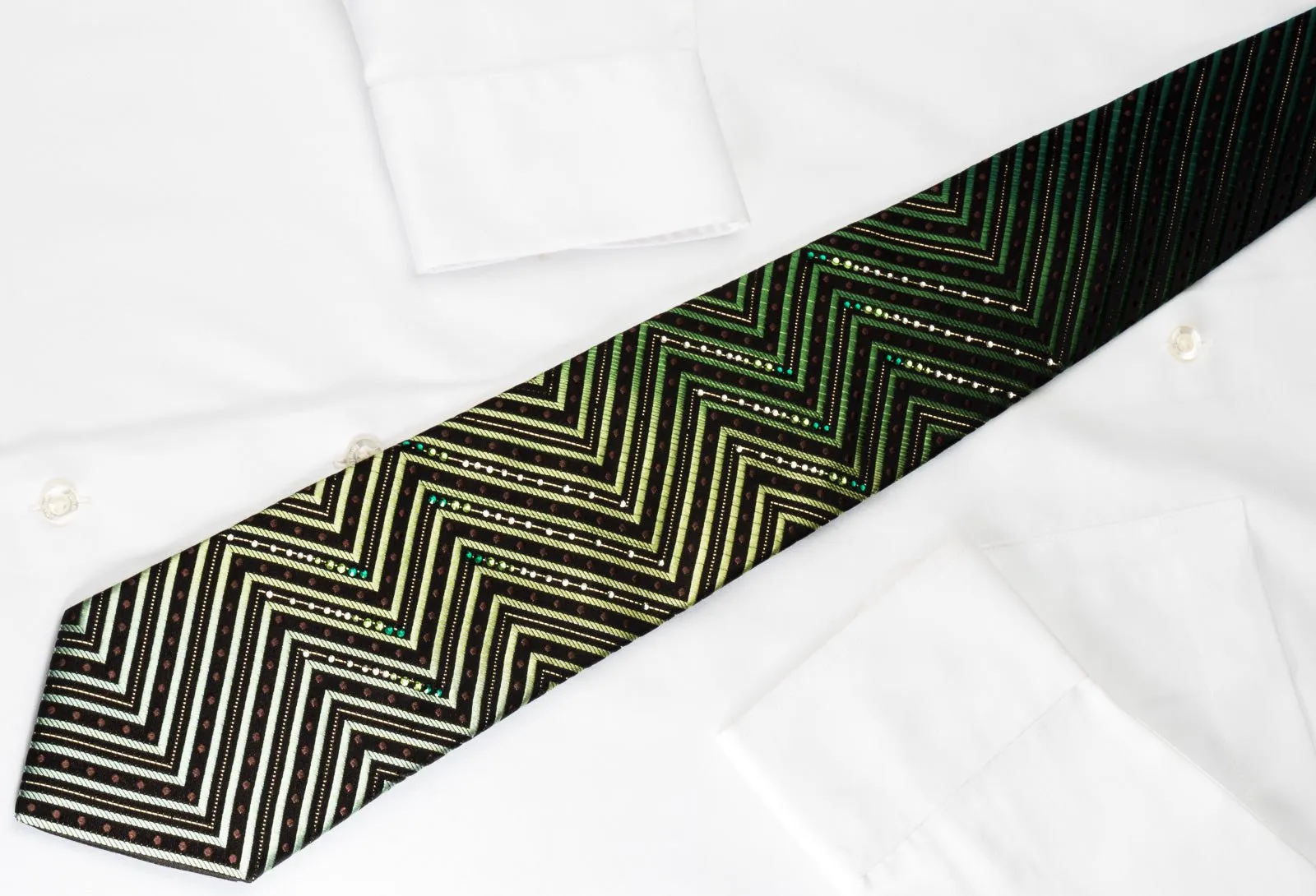 Silk Rhinestone Necktie Green Chevron Zigzags On Black With Silver Sparkles