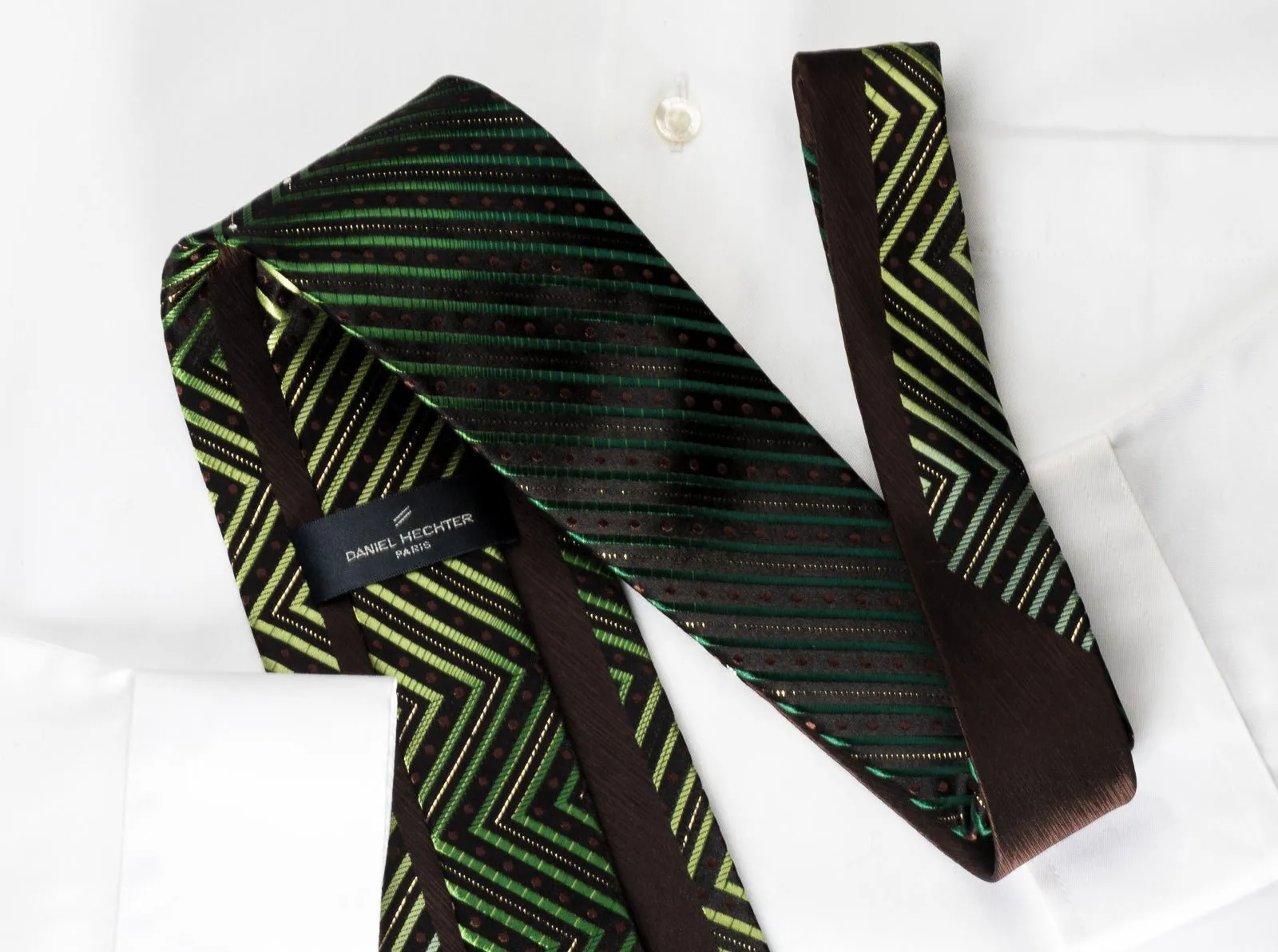 Silk Rhinestone Necktie Green Chevron Zigzags On Black With Silver Sparkles