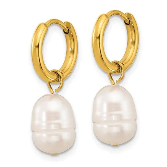 Stainless Steel Yellow IP-Plated White Baroque Pearl Dangle Hinged Hoop Earrings