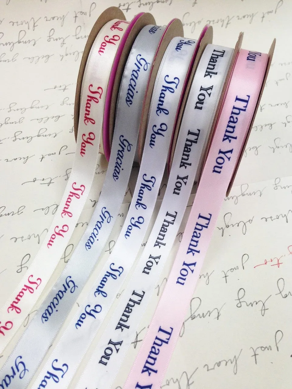 Thank You Ribbon Navy Blue Ink on 5/8" wide White Satin Ribbon