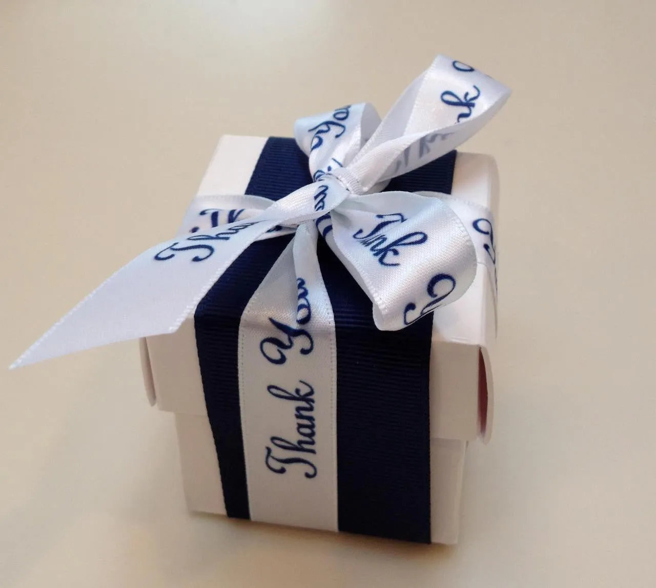 Thank You Ribbon Navy Blue Ink on 5/8" wide White Satin Ribbon