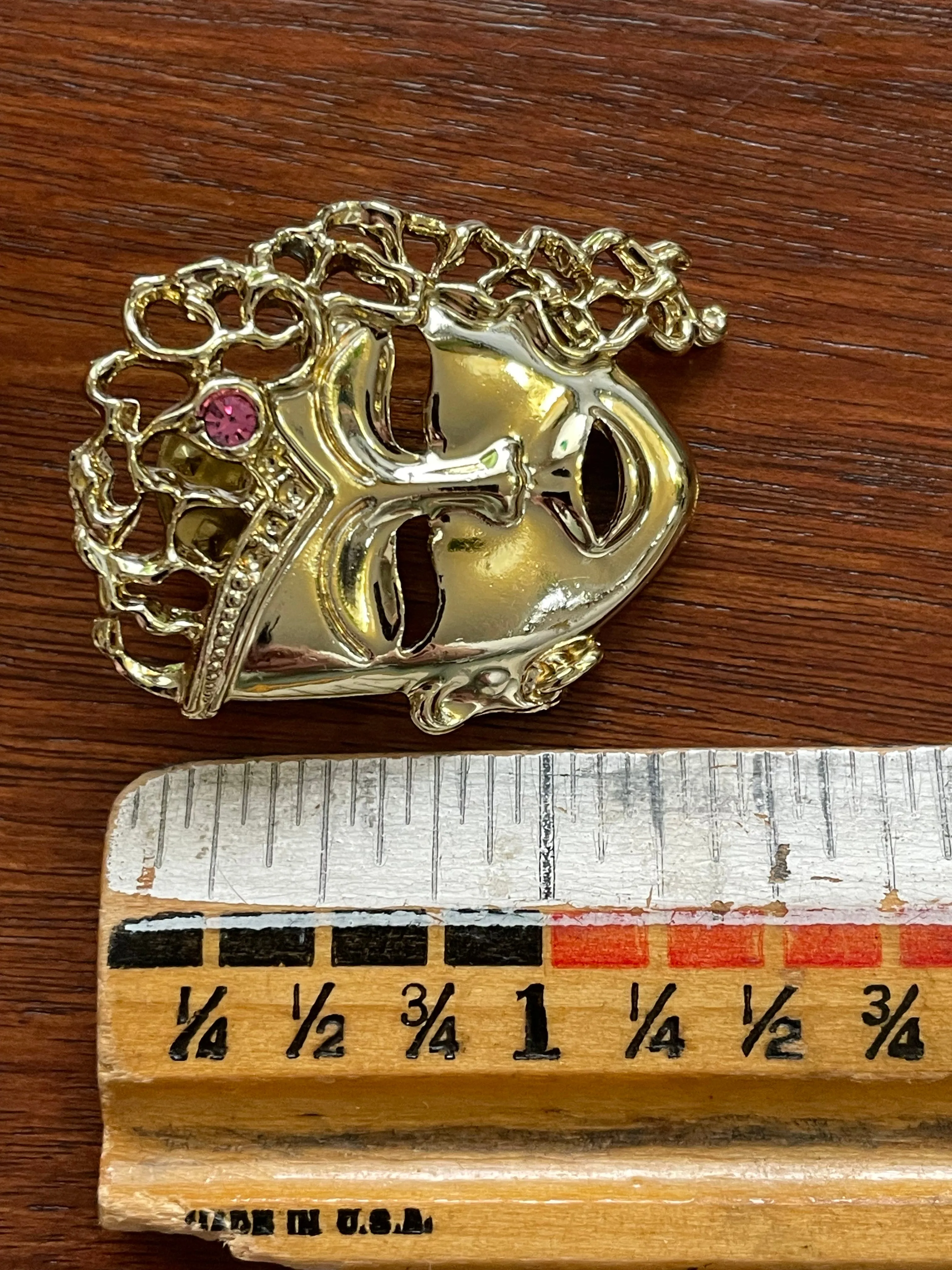 Vintage 80's Gold Tone Face Rhinestone Brooch Pin