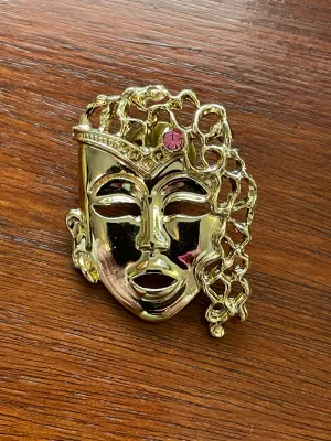 Vintage 80's Gold Tone Face Rhinestone Brooch Pin