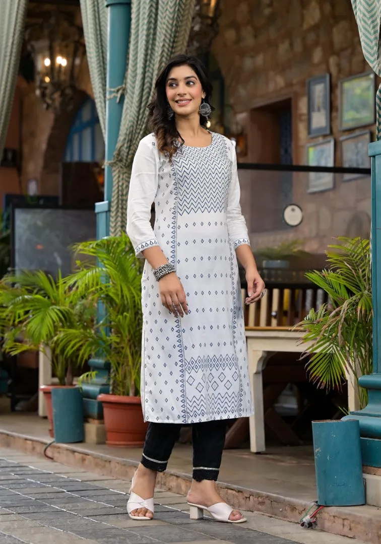 White Ethnic Motif Printed Rayon Kurta With Straight Hemline
