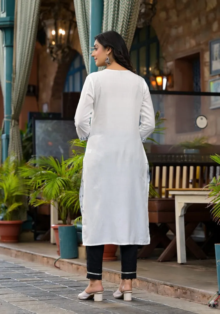 White Ethnic Motif Printed Rayon Kurta With Straight Hemline